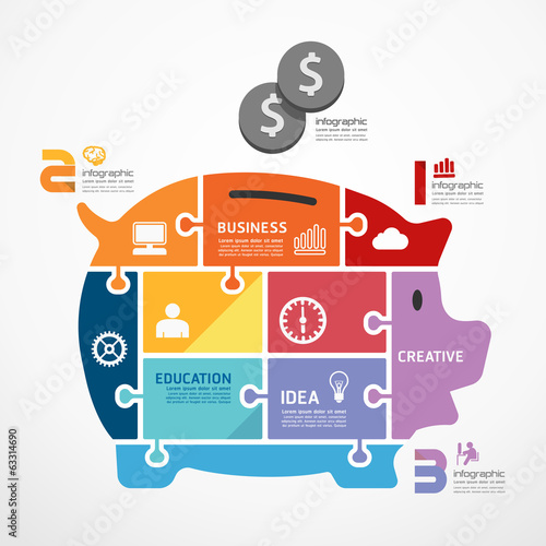 infographic Template with piggy bank jigsaw banner . concept vec