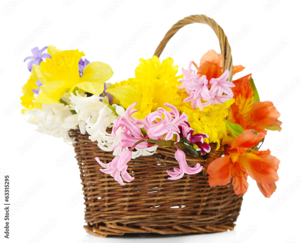 Beautiful flowers in wicker basket, isolated on white Beautiful flowers in wicker basket, isolated on white