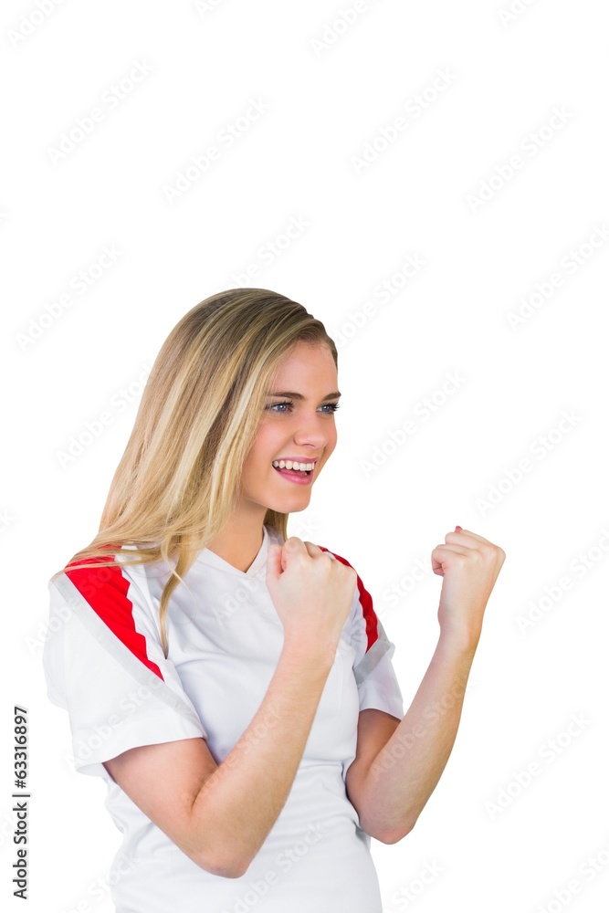 Pretty football fan in white cheering Pretty football fan in white cheering