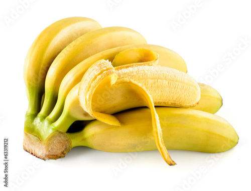 Bunch of bananas with open one isolated on white