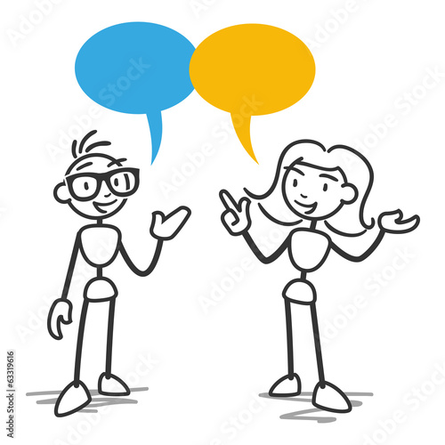 Stick man and woman having talking, speech bubbles.