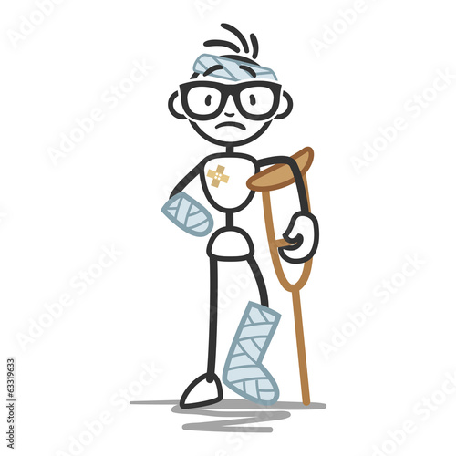 Stick man in bandages, crutches, injured