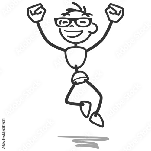 Happy celebrating stick man jumping with fists