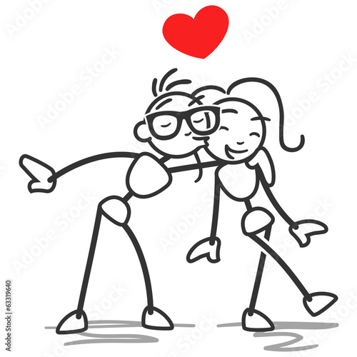 Happy stick man couple, kissing her on the cheek