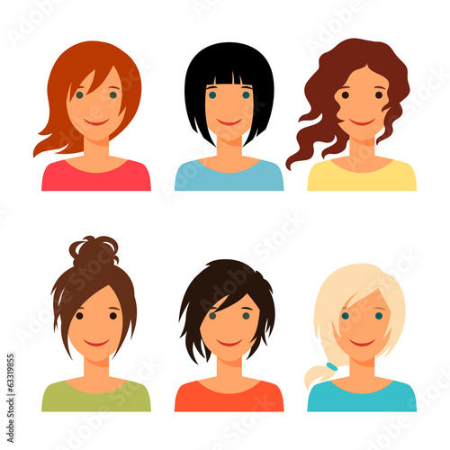 Set of beautiful young girls with various hair style.