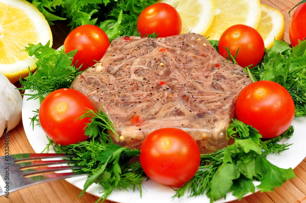 jellied meat with fresh herbs and cherry tomatoes jellied meat with fresh herbs and cherry tomatoes