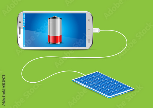 Charging a mobile phone with a Solar powerbank - vector illustra