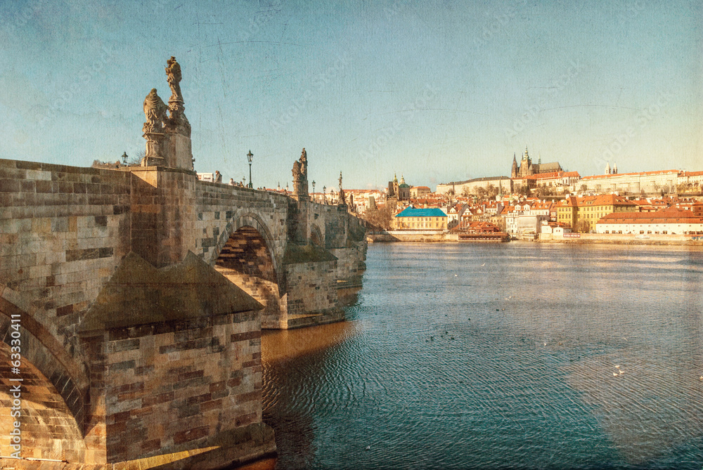 Obraz premium Prague, Charles Bridge, Czech Republic, textured old paper