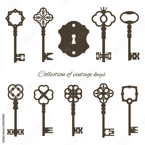 Antique keys and keyhole isolated on white.