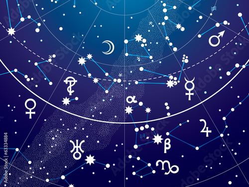 Fragment of Astronomical Celestial Atlas of Night Stars Heaven with Planets (Ultraviolet Blueprint version EPS-8)