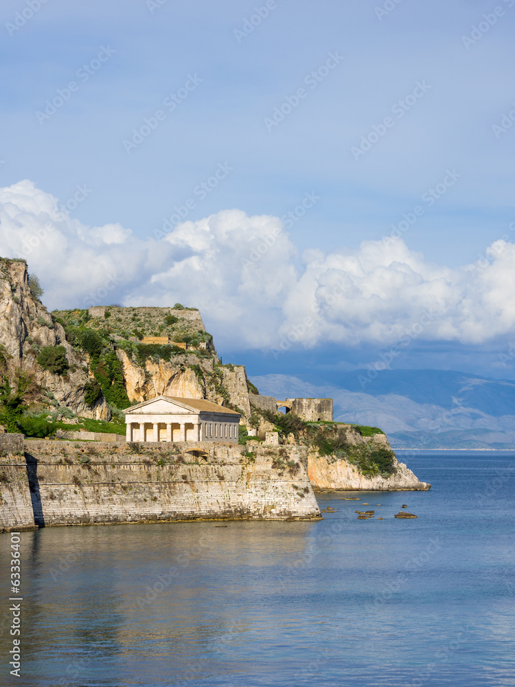 Hellenic temple and old castle at Corfu