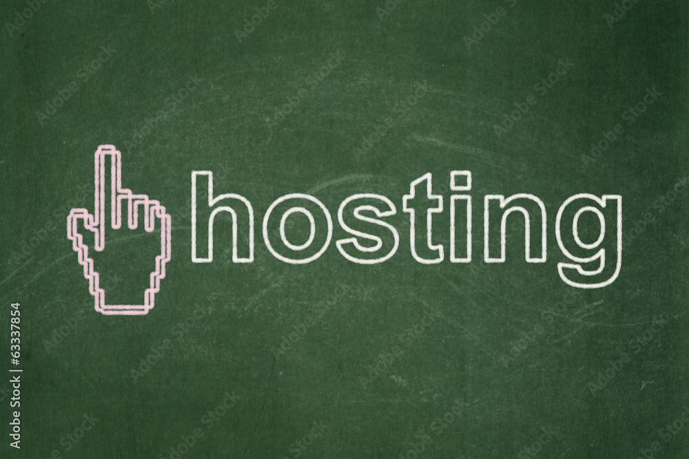 Obraz premium Web development concept: Mouse Cursor and Hosting on chalkboard