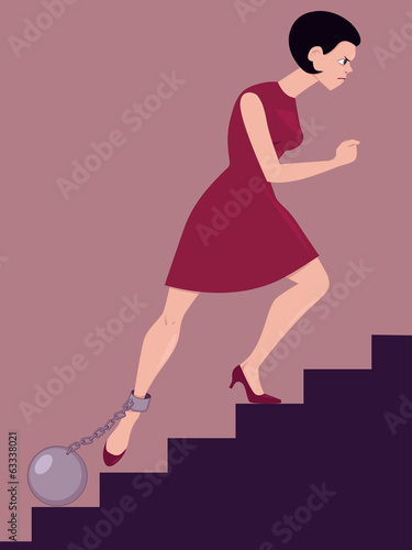 Persevering woman with a cannon ball chained on her leg