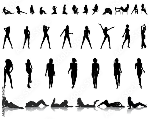 Black silhouettes of beautiful girls in various poses, vector