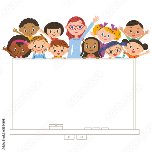 子供集合　黒板　先生