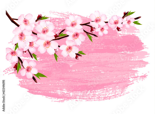 Pink paint sakura branch banner. Vector.