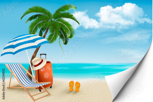 Beach with palm trees and beach chair. Summer vacation concept b