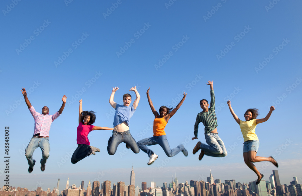 Group of Multi Racial People Jumping in the City - obrazy, fototapety, plakaty 