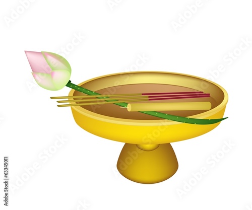 Lotus with Joss Sticks and Candle on Golden Tray