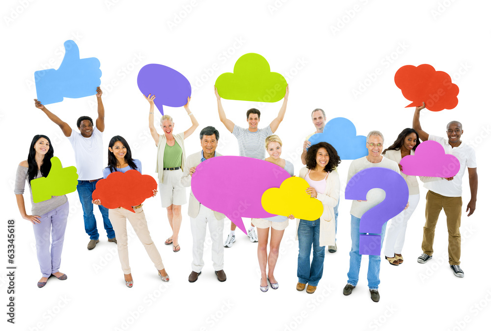 Fototapeta premium Multiethnic People Holding Speech Bubbles and Icons