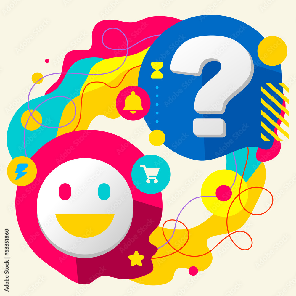 Smile and question mark on abstract colorful splashes background Smile and question mark on abstract colorful splashes background