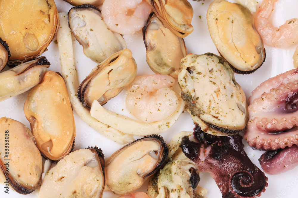 Close up of seafood products.