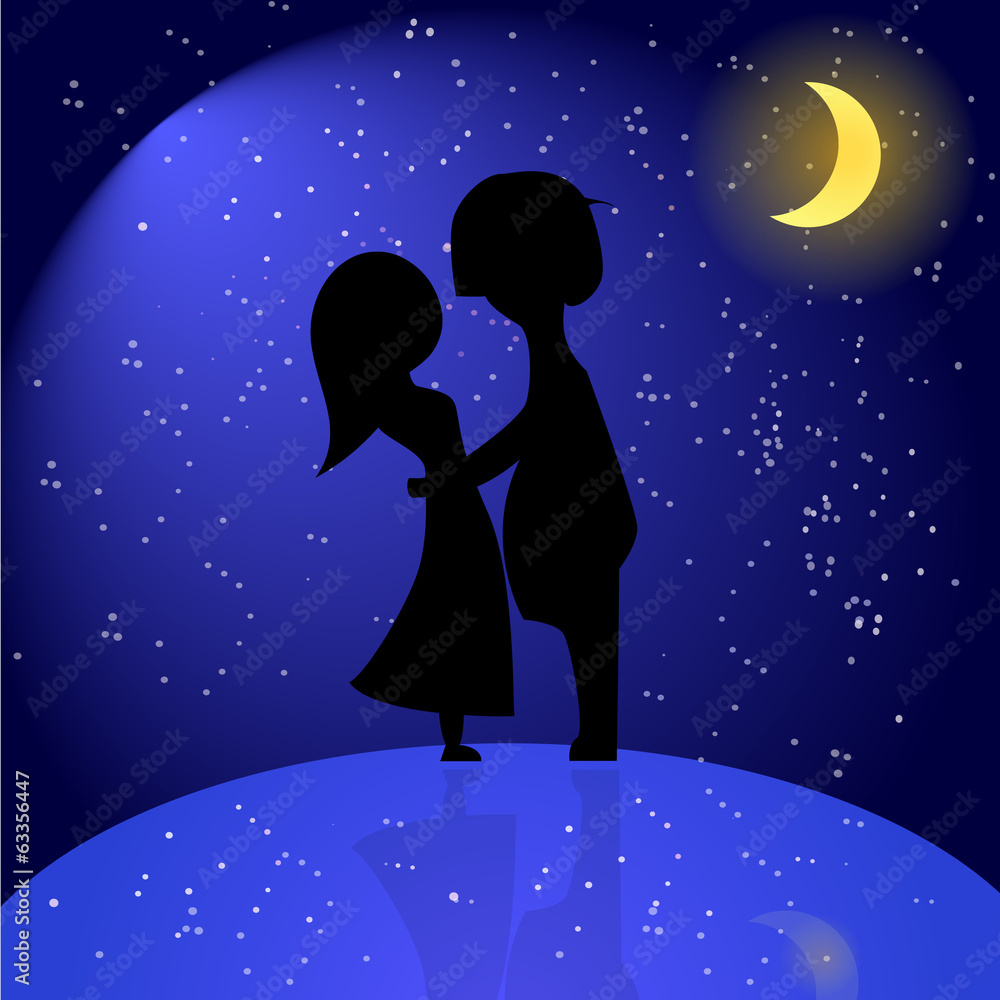 Silhouette of romantic couple at night. Vector illustration of l