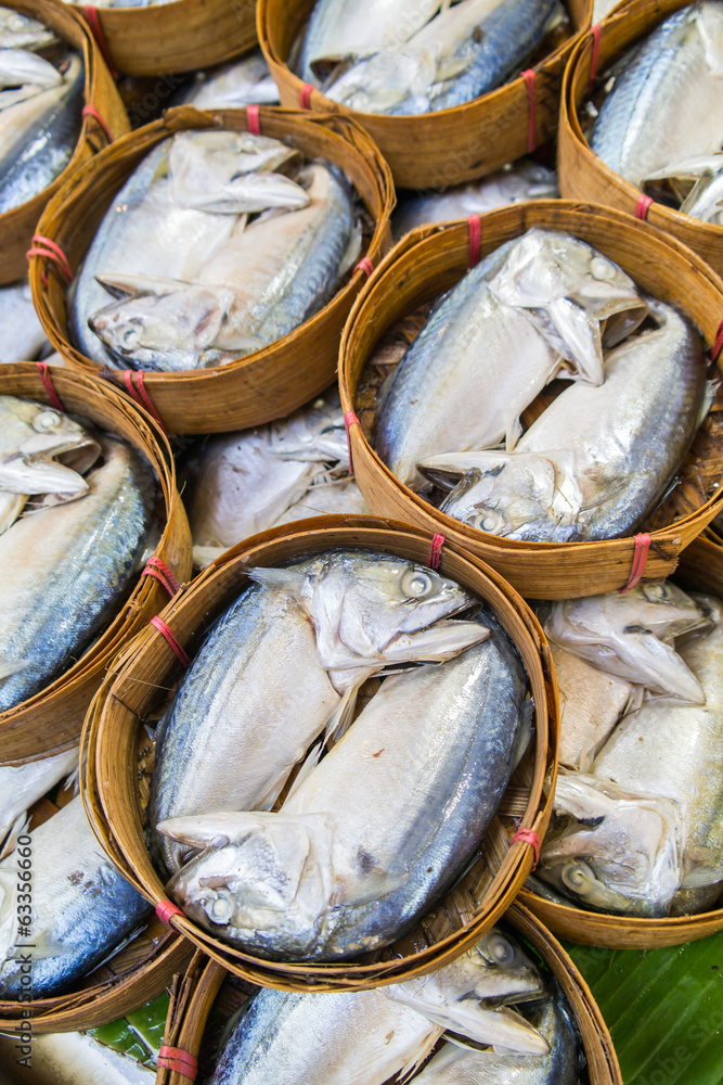 Mackerel fish in bamboo basket at market, Thailand Stock Photo | Adobe Stock