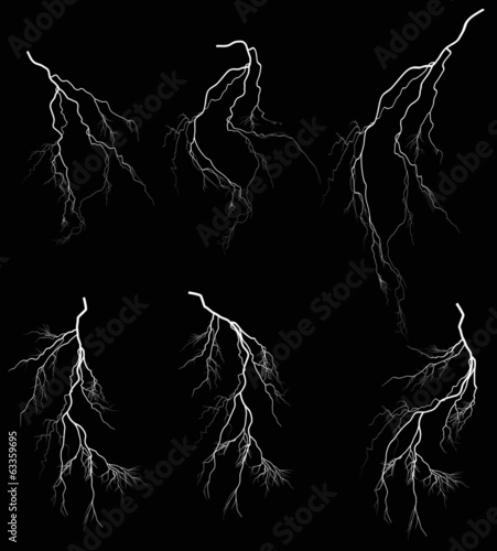 group of six white lightnings on black