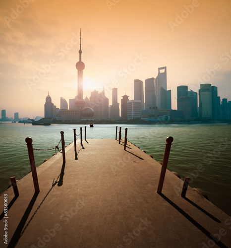 Shanghai skyline at sunrise wharf