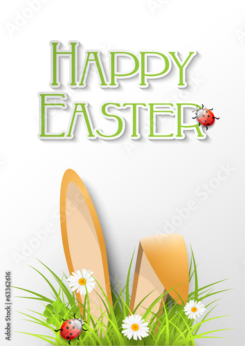 Easter greeting card with fresh grass, ears of bunny and a ladyb