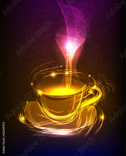 cup of coffee Neon background, collection of symbols, 