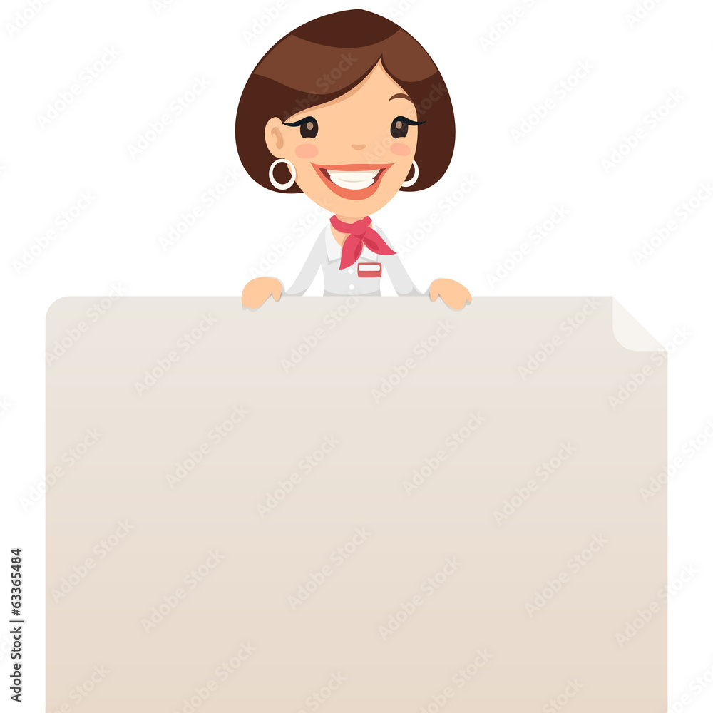 Female Manager Looking at Blank Poster on Top Female Manager Looking at Blank Poster on Top