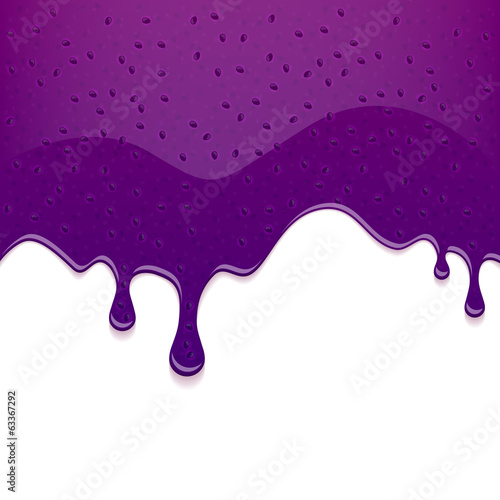 Drips of blueberry jam on white background. Flowing liquid.