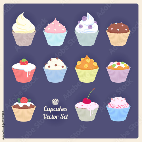 Set of assorted vector cupcakes on dark background.