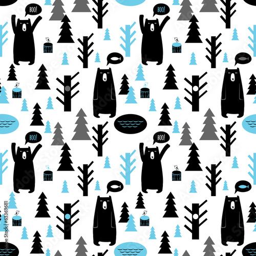 Seamless pattern with forest and bears. Vector background with b