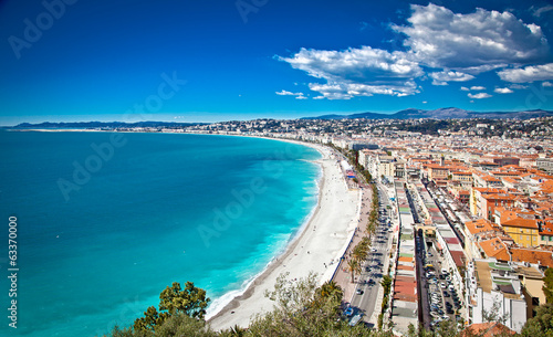 Panoramic view of Nice coastline and beach, France.