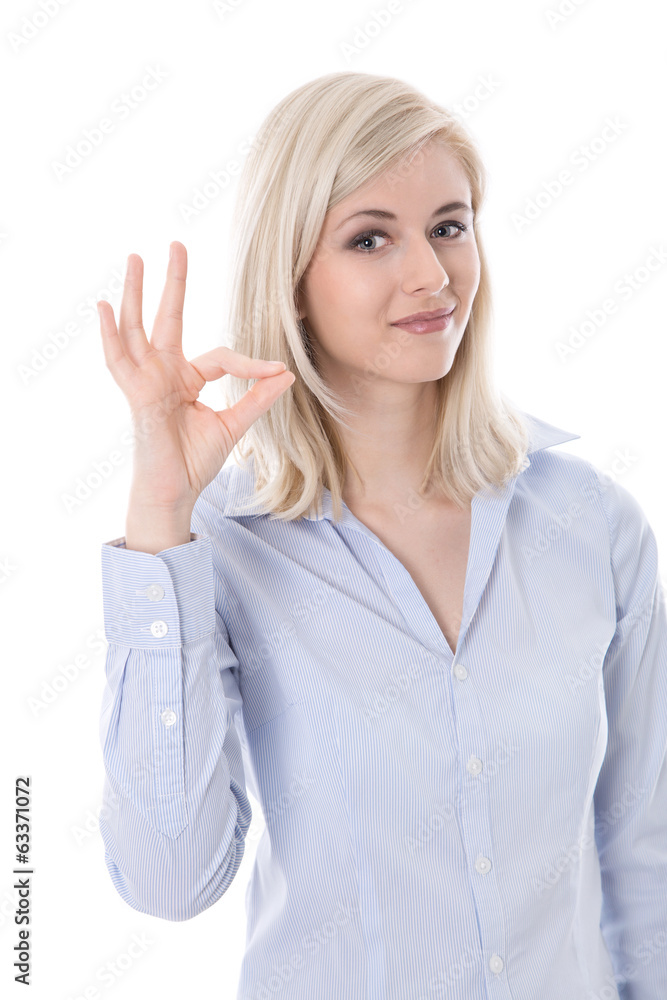 Frau isoliert macht Handzeichen für Perfekt oder Excellent Frau isoliert macht Handzeichen für Perfekt oder Excellent