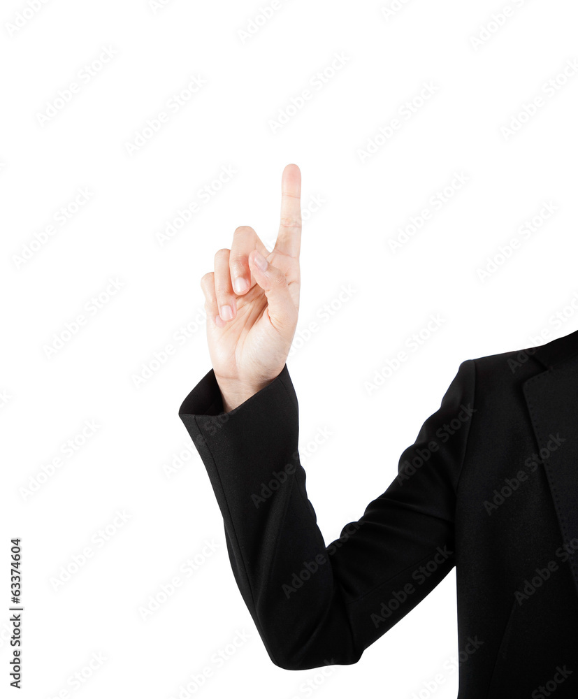 Business woman hand touching virtual screen. Isolated on white. Business woman hand touching virtual screen. Isolated on white.