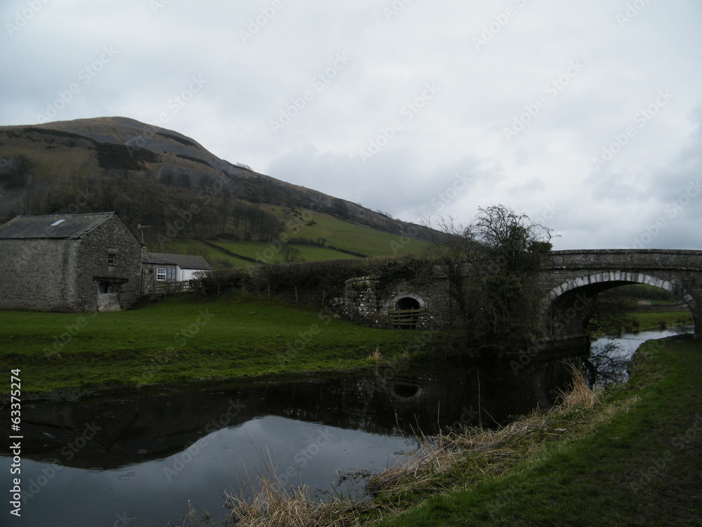 Fototapeta premium Lakeside - Mountain, canal Bridge & Farmland