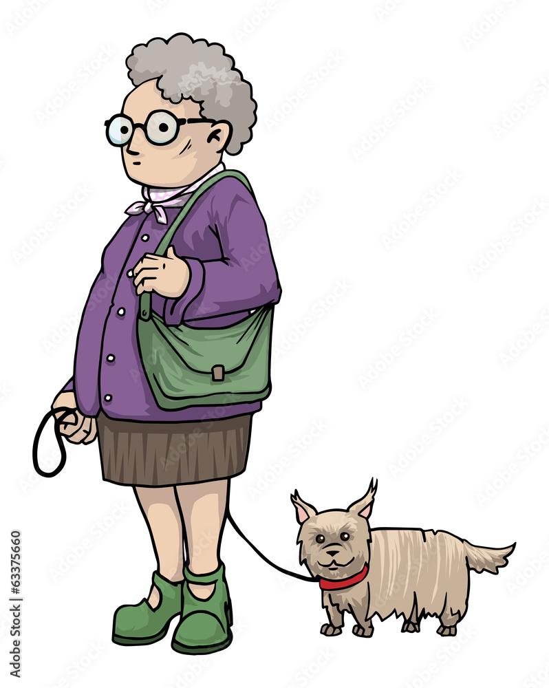 Old fat lady with a tiny dog, cartoon character Stock Vector | Adobe Stock