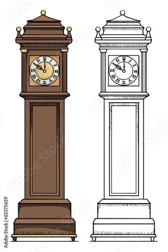 Old vintage clock, colored, and black and white outline