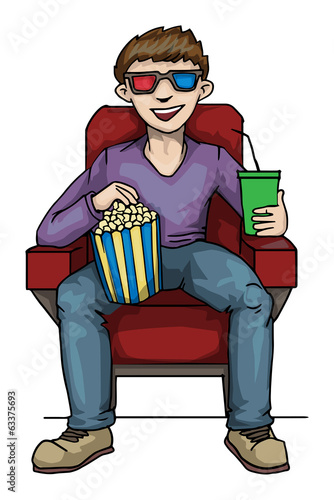 Man watching 3d movie in a cinema, with drink and popcorn