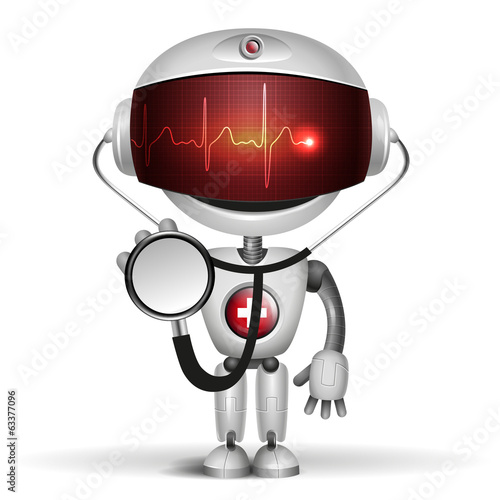 Robot Doctor with stethoscope. Screen indicator show cardiogram.