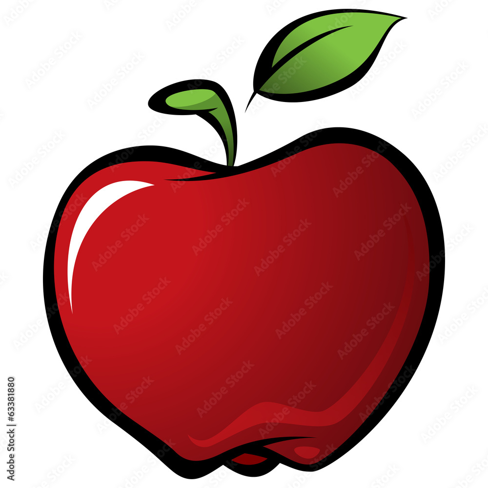 Cartoon shiny delicious red vector fresh apple with green leaf Stock Vector  | Adobe Stock