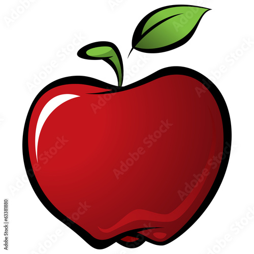 Cartoon shiny delicious red vector fresh apple with green leaf