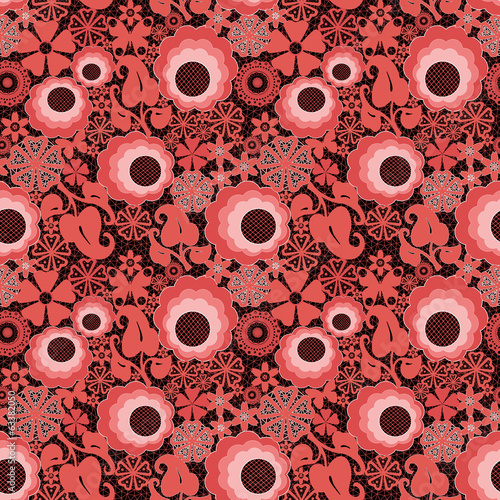 Floral red lacy seamless pattern on black