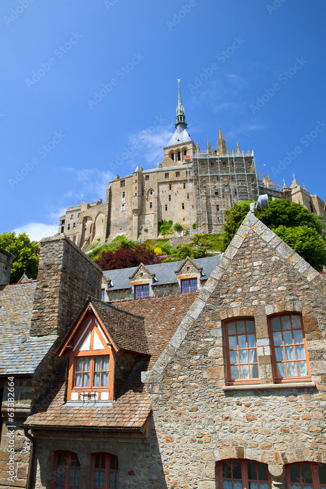 Naklejka premium The abbey wall and few houses on St Michael mount