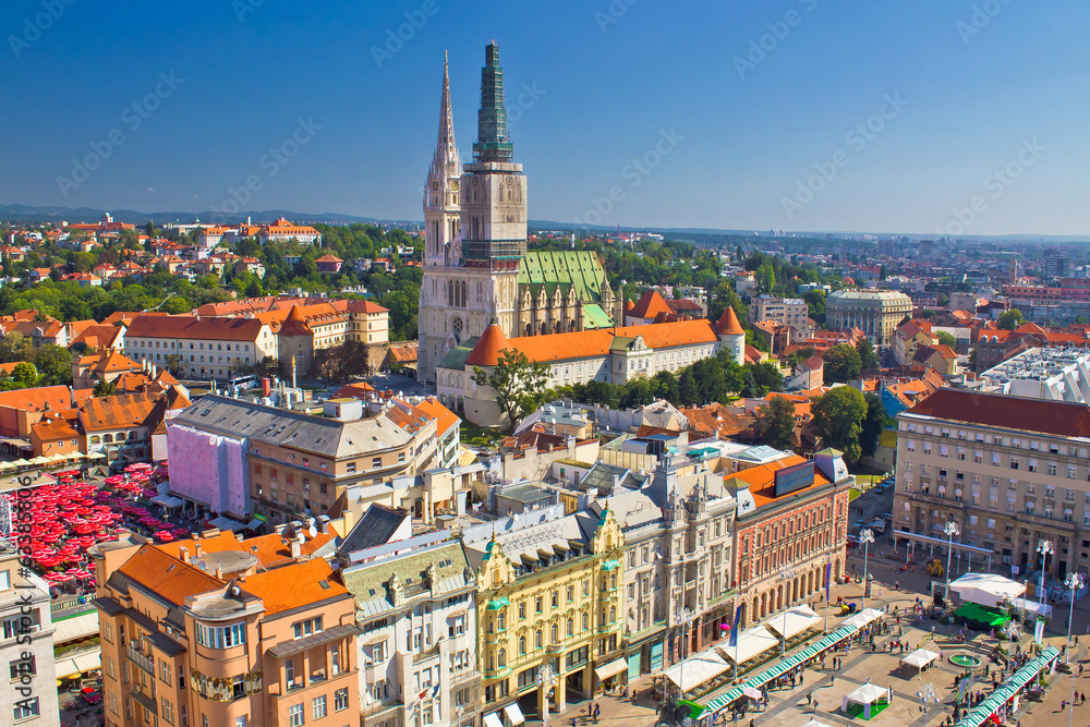 Naklejka premium Zagreb main square and cathedral aerial view