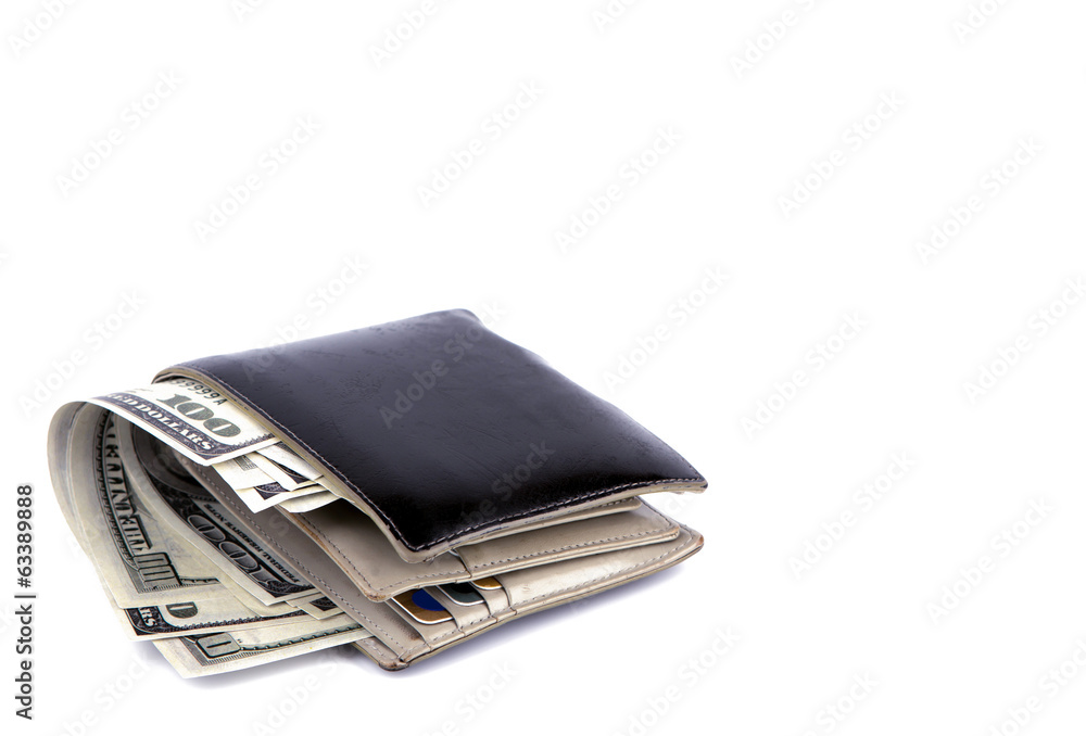 Old black wallet with dollar isolated on white background Old black wallet with dollar isolated on white background